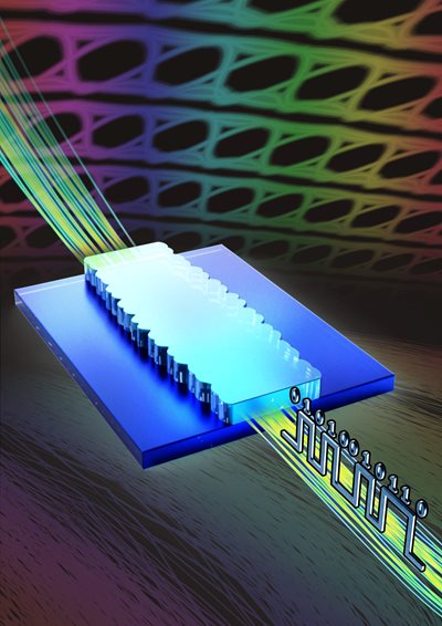Associate Professor Tan and her team developed the breakthrough dispersive device and published their findings in the paper ‘Slow-light-based dispersion compensation of high-speed data on a silicon nitride chip’ in Advanced Photonics Research. Their paper and this image was selected as the June issue inside cover of the journal.